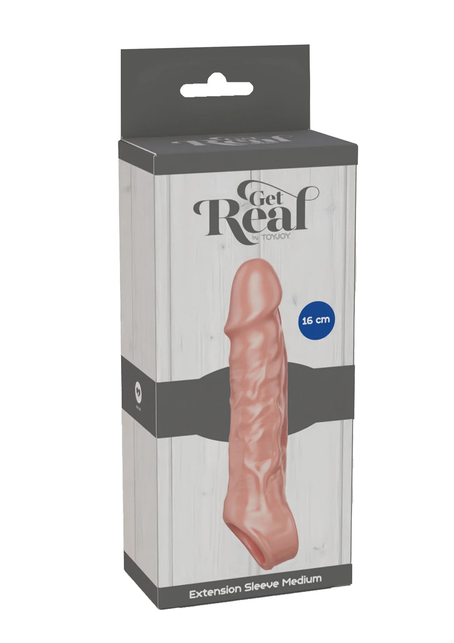 Verpakkingsdoos met ToyJoy TPE extensie-mouw Medium, 16 cm, huidkleurige vorm