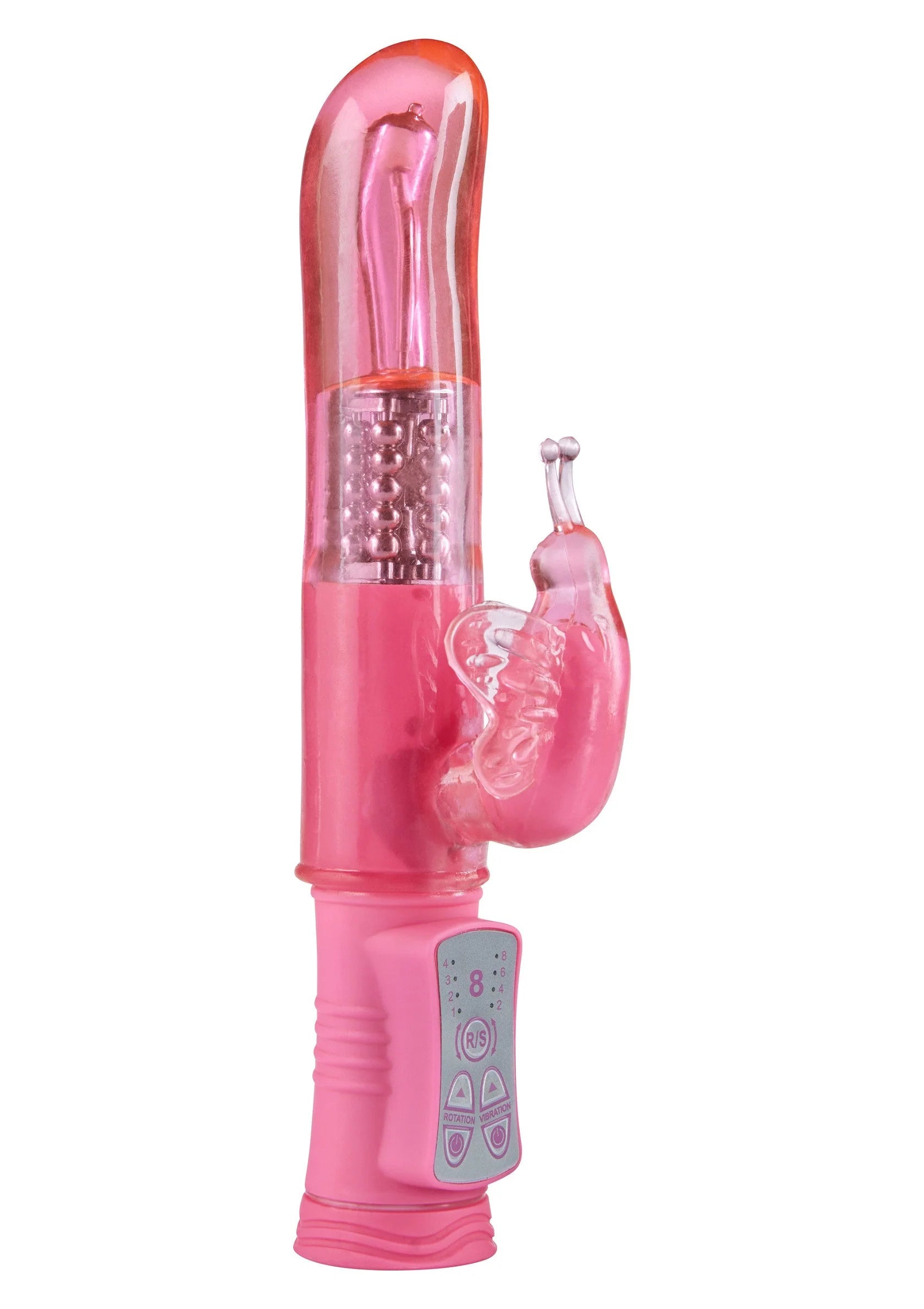 Roze handvibrator met kleine bediening en gebogen vlinderopzet