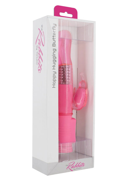 Roze vibrator in doosverpakking met venster en Happy Hugging Butterfly-tekst
