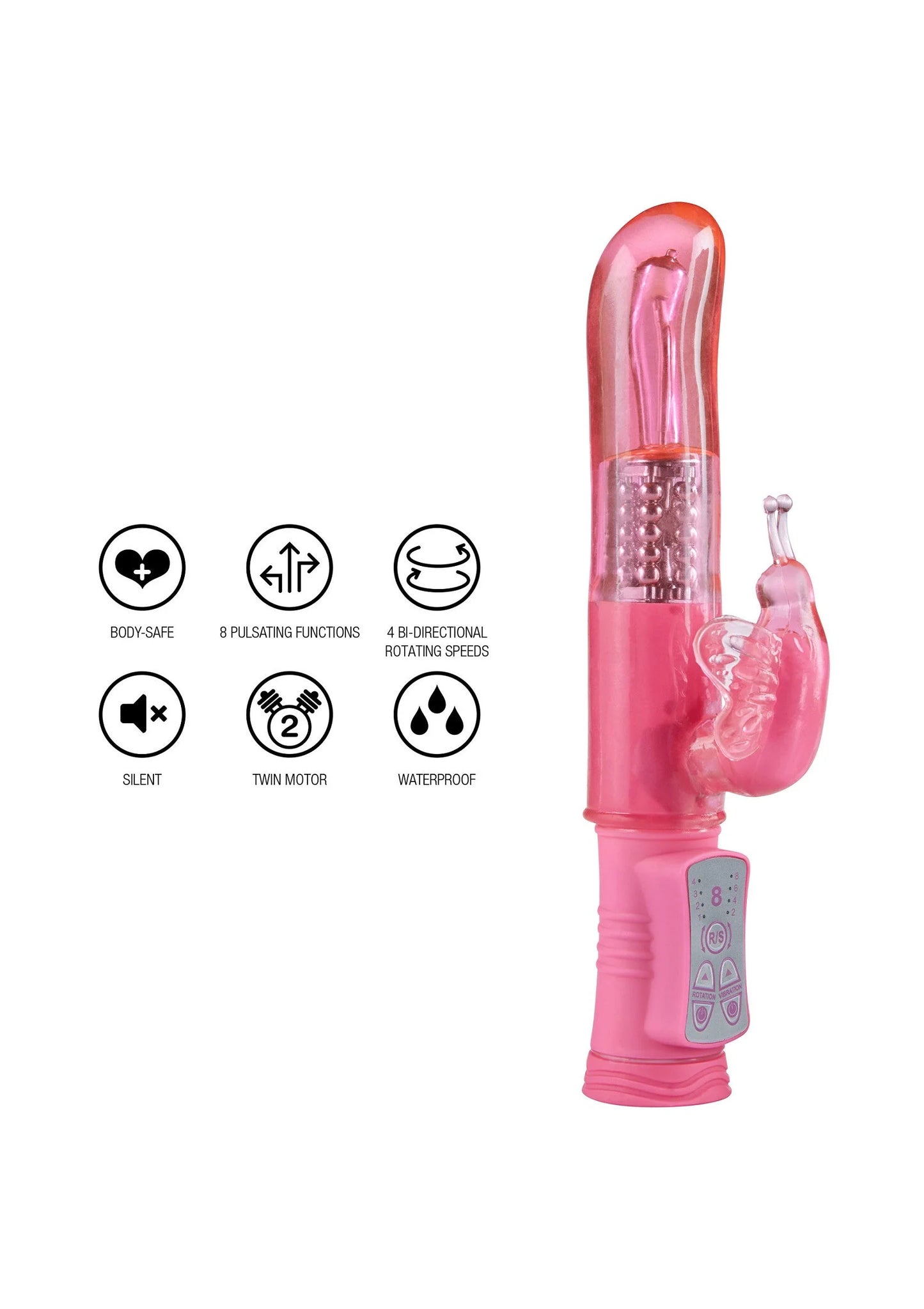 Roze handvibrator met bediening en functiepictogrammen, incl. waterdichtheidsicoon