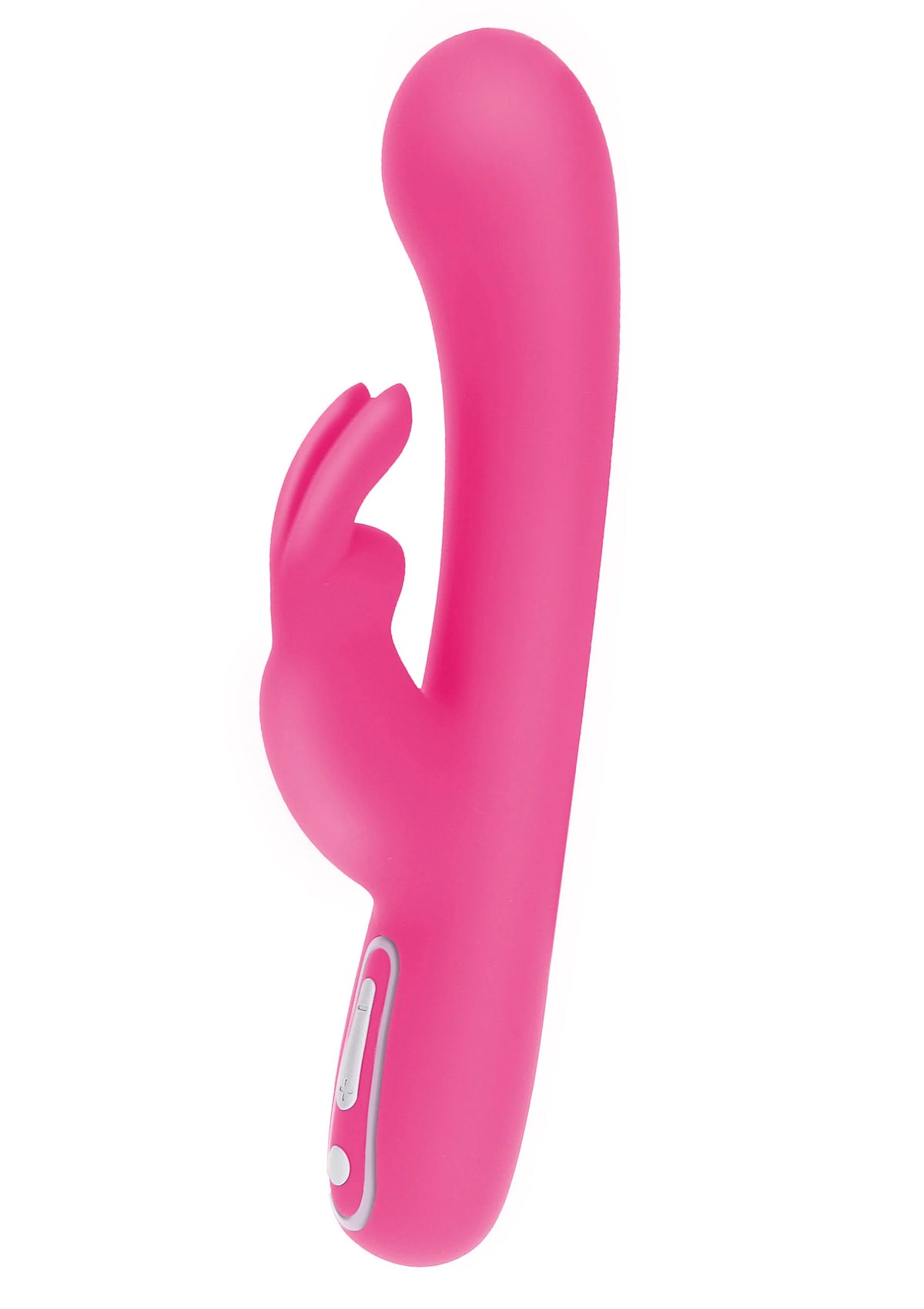 Roze konijnenvibrator met konijnenkop en gebogen steel, zijaanzicht