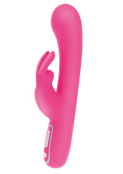 Roze konijnenvibrator met konijnenkop en gebogen steel, zijaanzicht