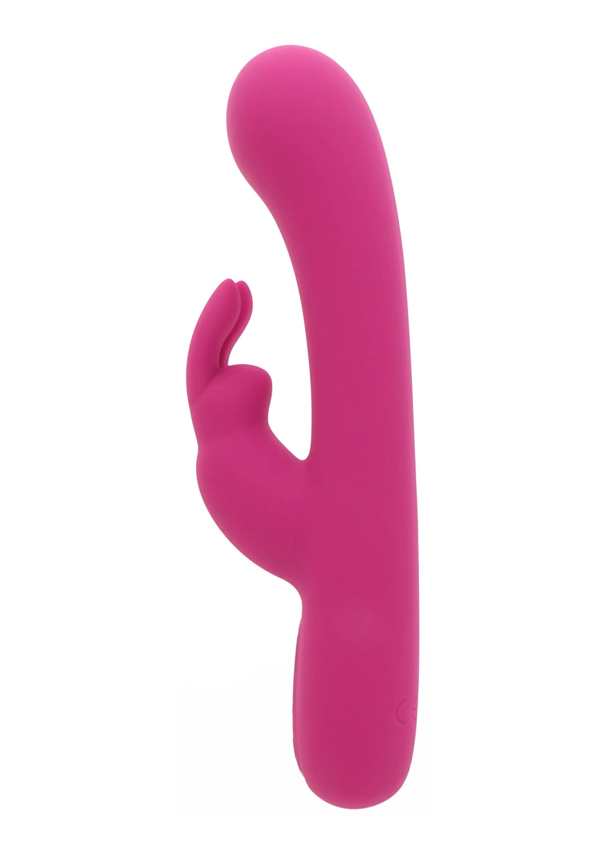 Roze konijn-vibrator met lange gebogen vorm en opstaande knoppen aan de zijkant