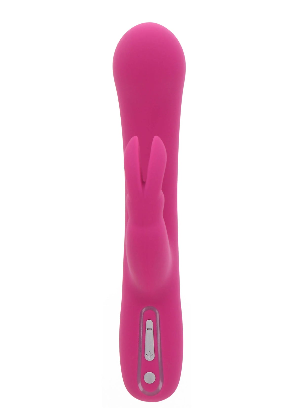 Roze konijn-vibrator, zijkant met controlepaneel en lange, taps toelopende body