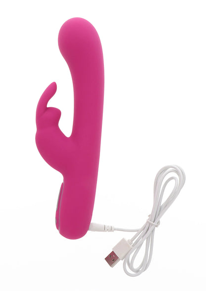 Roze konijn-vibrator met USB-kabel en staartvormige opzet, afgebeeld vanaf de zijkant