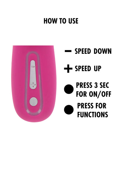 Roze vibrator met detail van bedieningspaneel en knoppen, tekst ‘how to use’