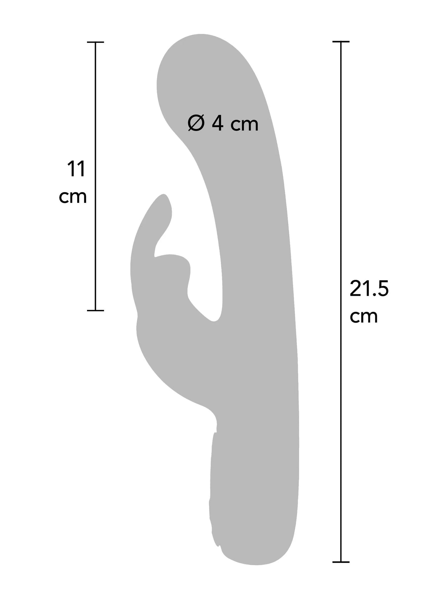 Afmetingenschema: paarse konijn-vibrator, 11 cm en 21,5 cm, Ø4 cm.