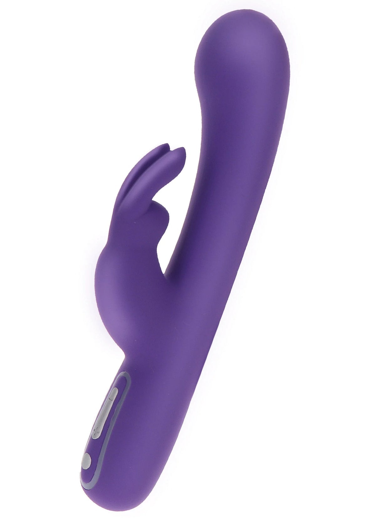 Paarse konijn-vibrator met oortjes en handvat, schuin aanzicht.