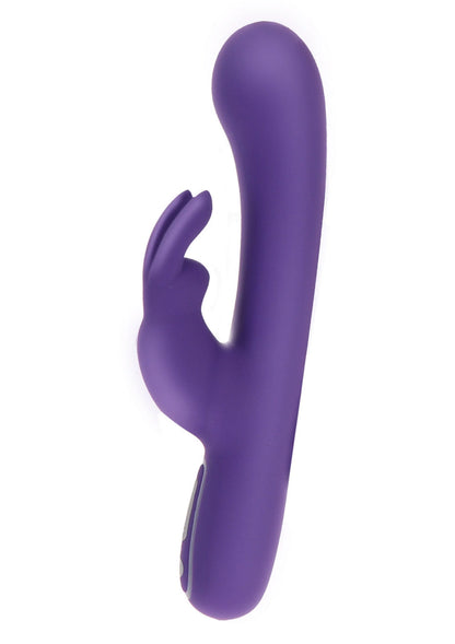 Paarse konijn-vibrator, zijaanzicht met oortjes en gebogen contactpunt.