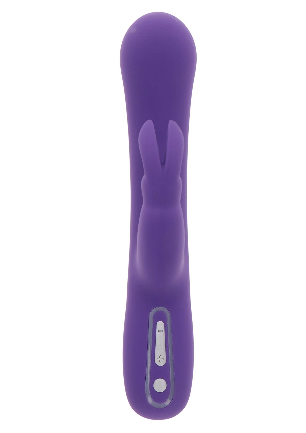 Paarse konijn-vibrator met onderzijde knoppenpaneel en oplaadopening.
