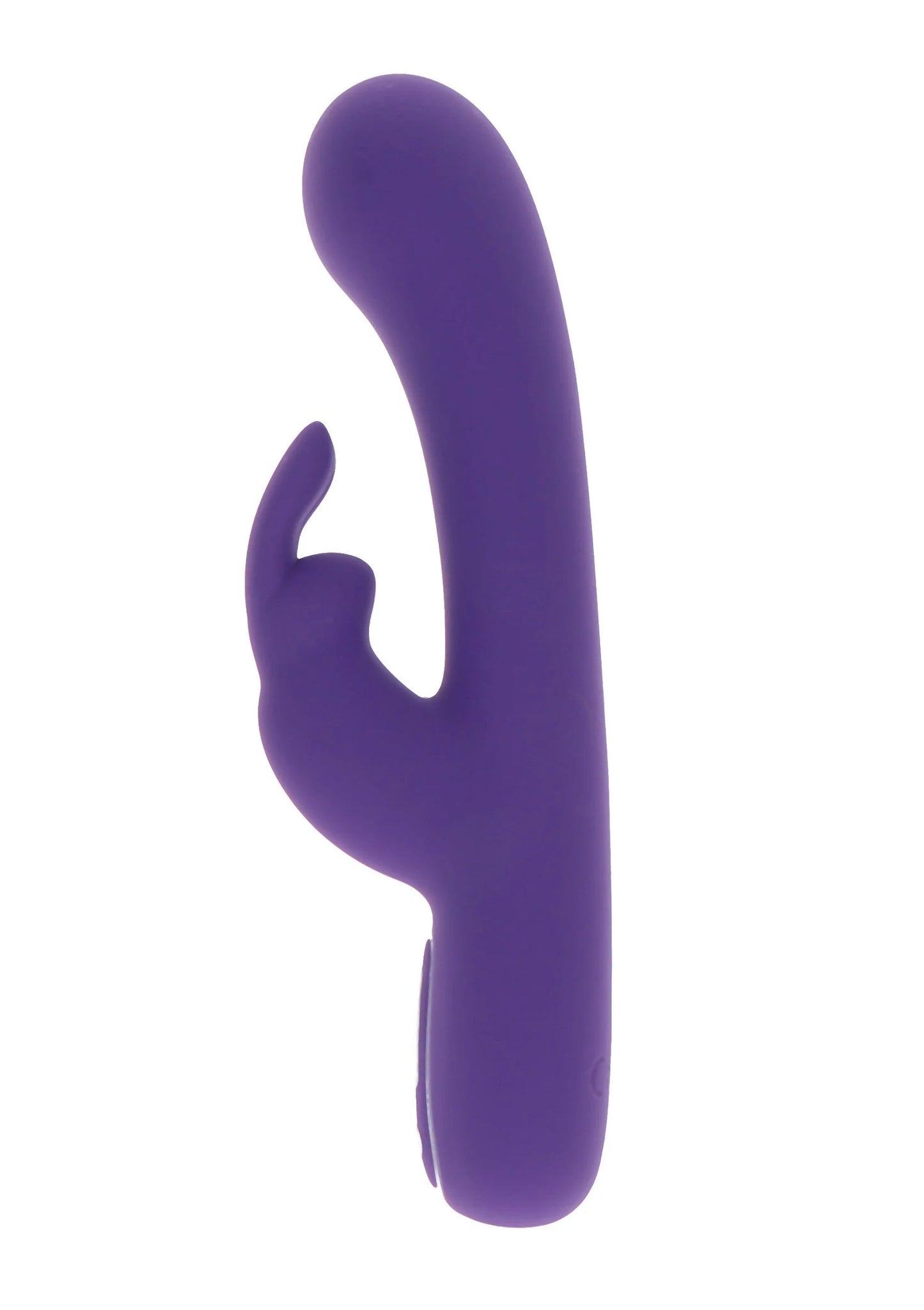 Paarse konijn-vibrator met opstaande oortjes en gebogen vorm, zijdelings in beeld.