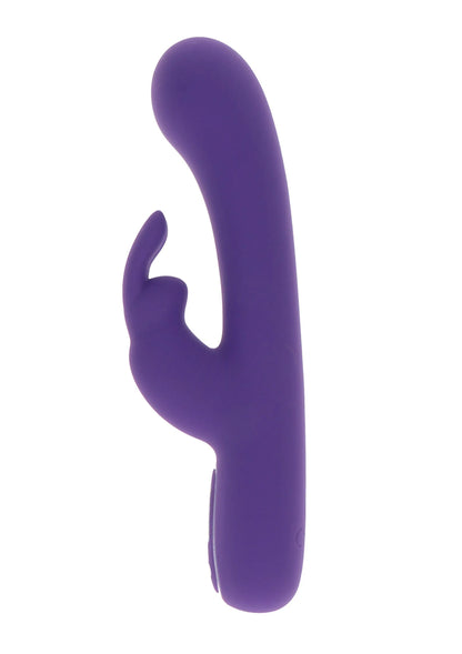 Paarse konijn-vibrator met opstaande oortjes en gebogen vorm, zijdelings in beeld.