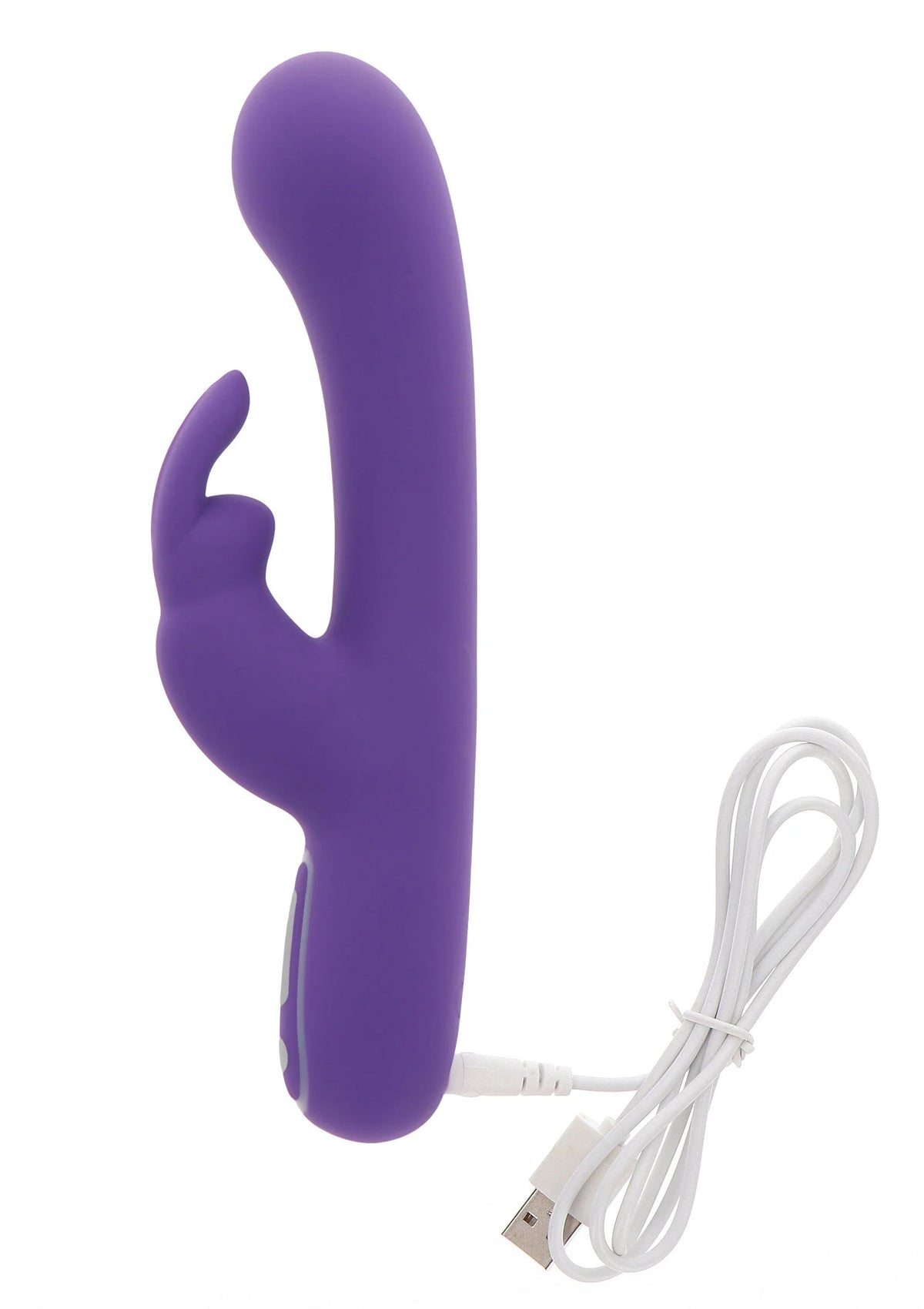 Paarse konijn-vibrator met oortjes en meegeleverde USB-kabel.