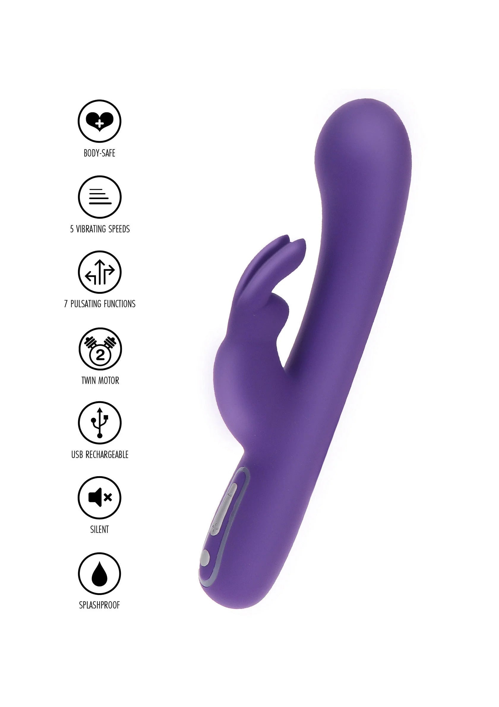 Paarse konijn-vibrator met oortjes en bedieningspaneel, naast functie-icoontjes.