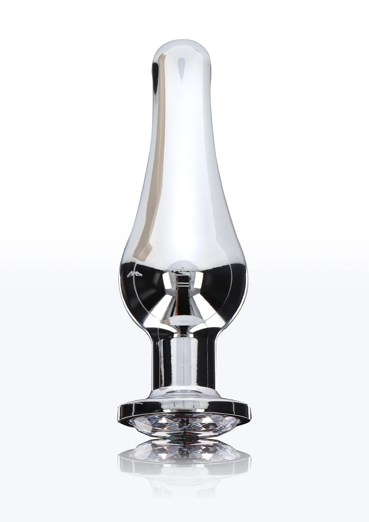 Anale plug zilverkleurig met conische vorm en ovale diamantsteen onderaan