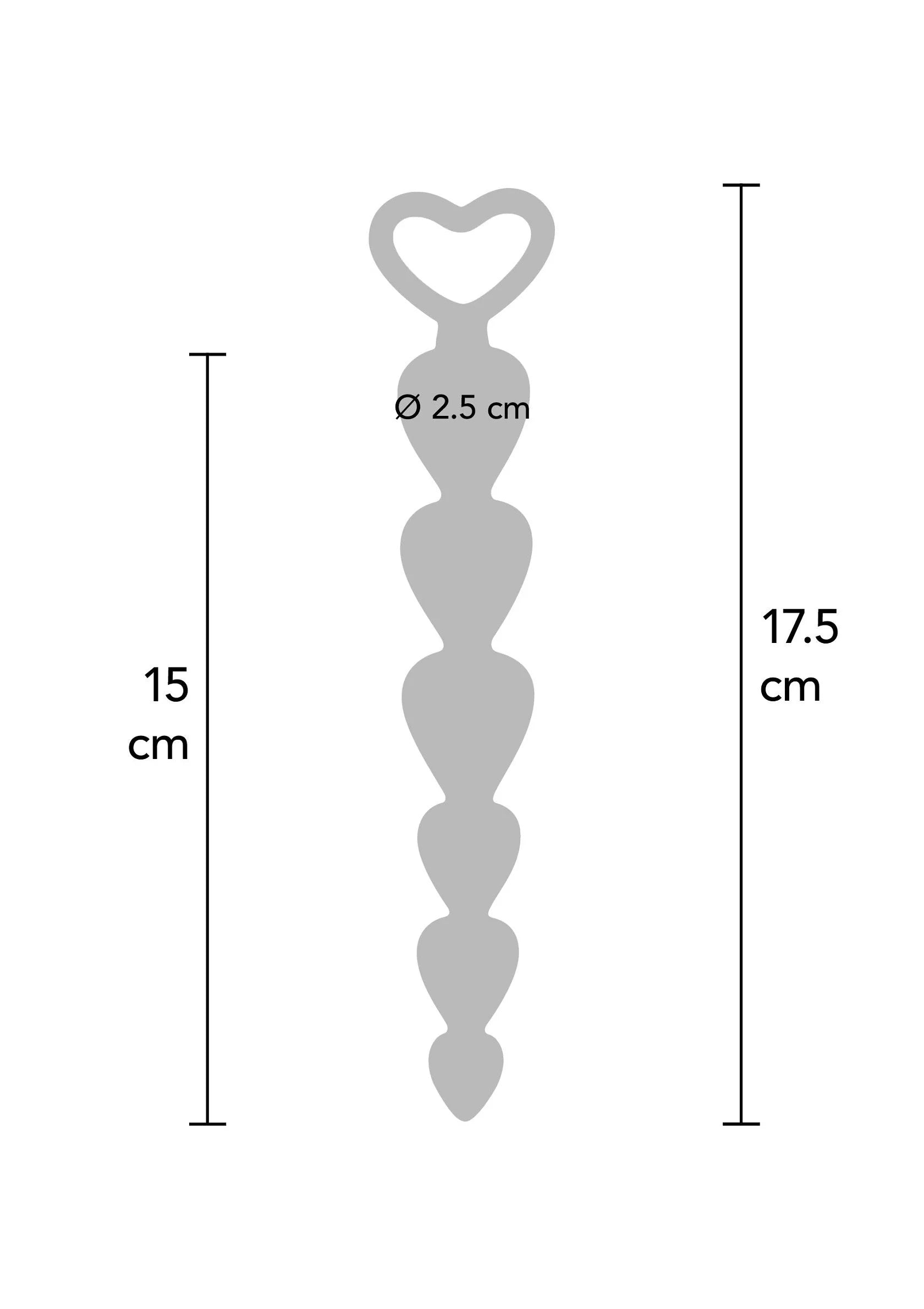 Grijze anale kralenplug-silhouet met hartvormige flens en maatindicatie (17,5 cm)