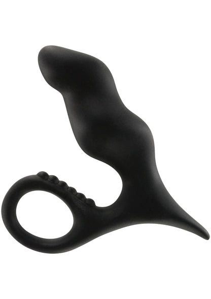 Zwarte anale plug met uitlopende punt en ribbelring