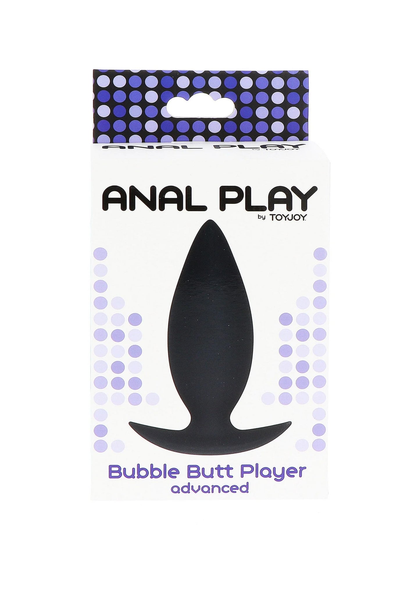 Doosje ToyJoy met zwarte plugillustratie, paars stippenpatroon en ANAL PLAY-tekst