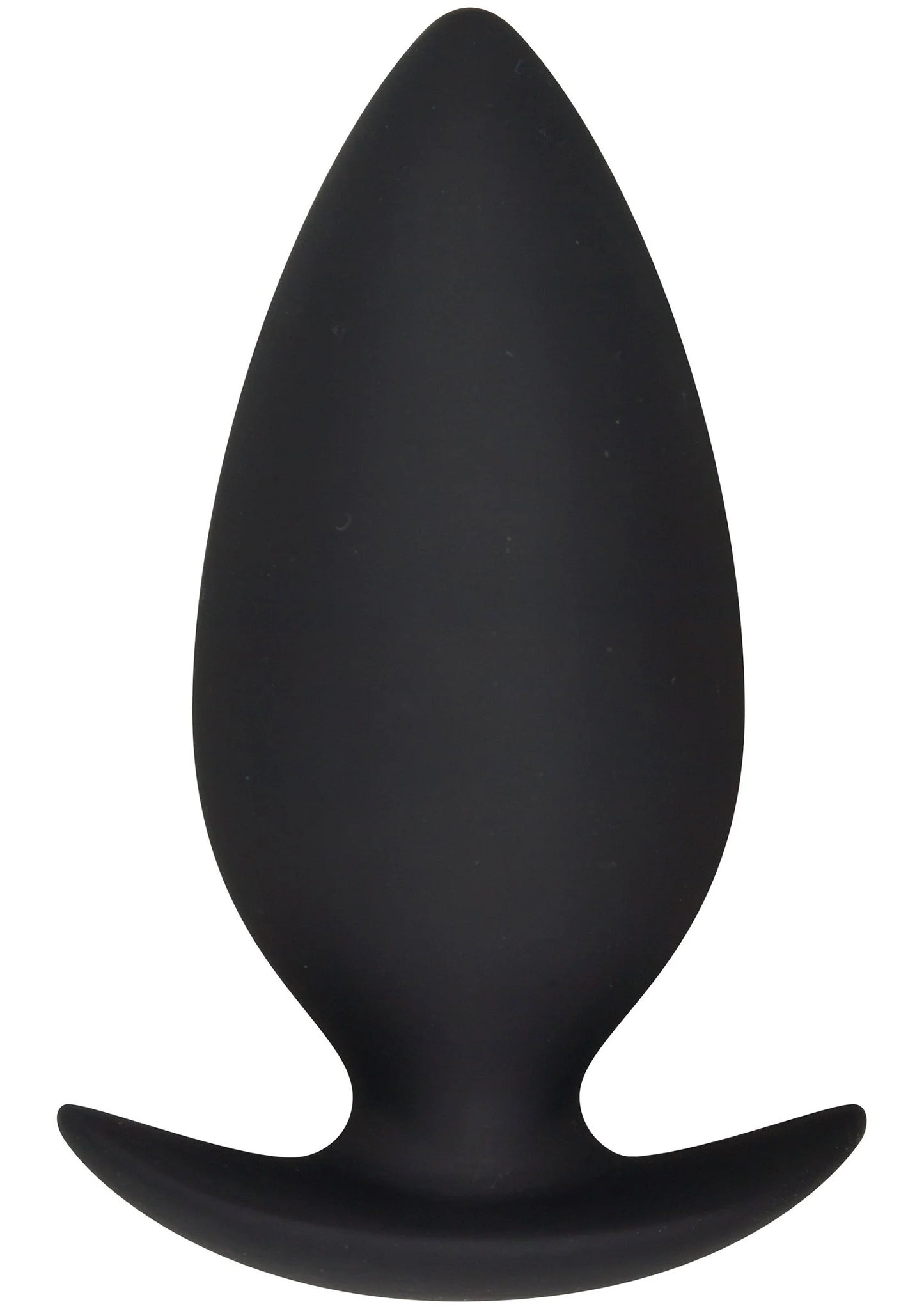 Zwarte anale buttplug met brede basis en afgeronde, taps toelopende punt.