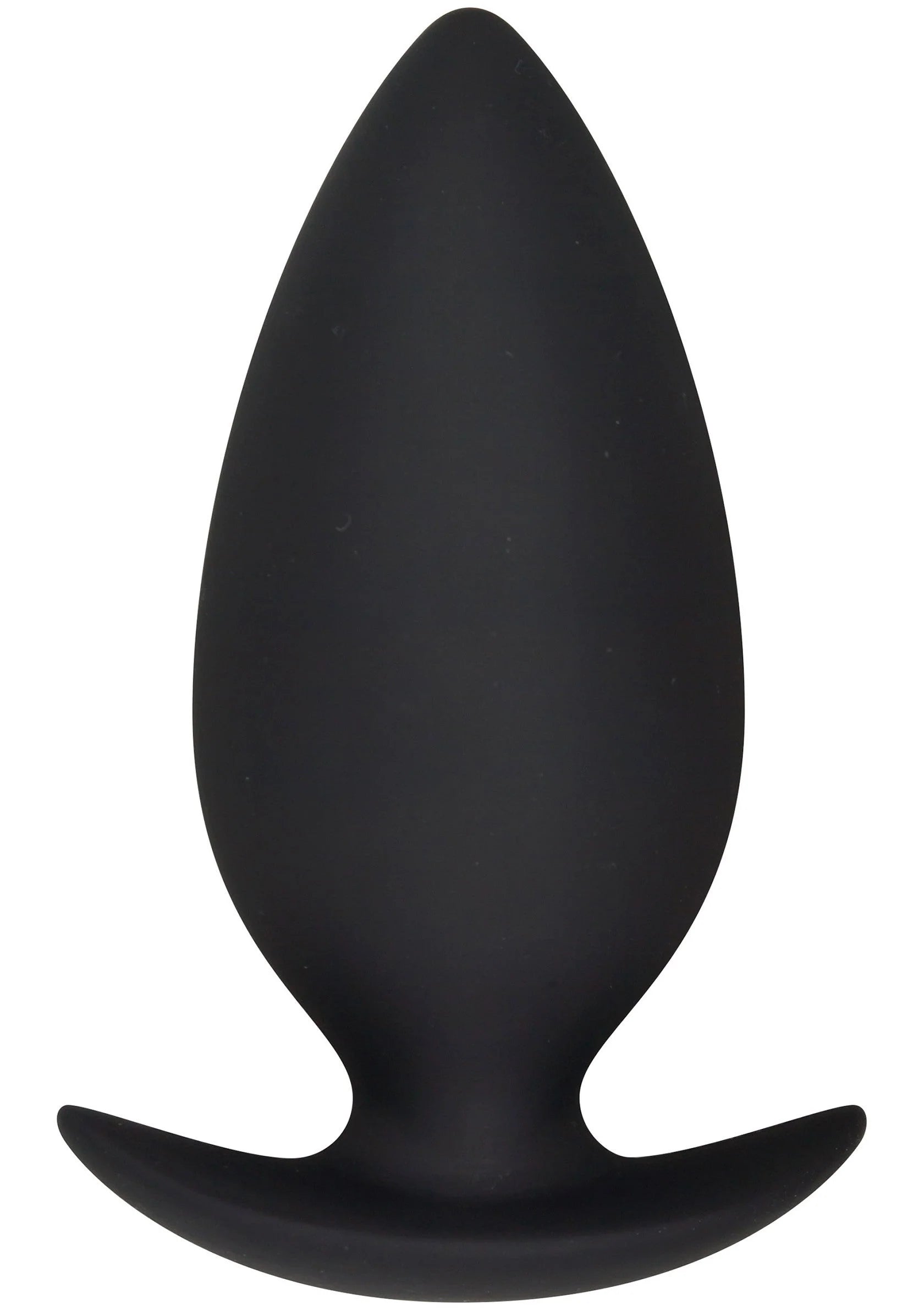 Zwarte anale buttplug met brede basis en afgeronde, taps toelopende punt.