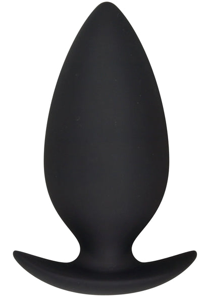 Zwarte anale buttplug met brede basis en afgeronde, taps toelopende punt.