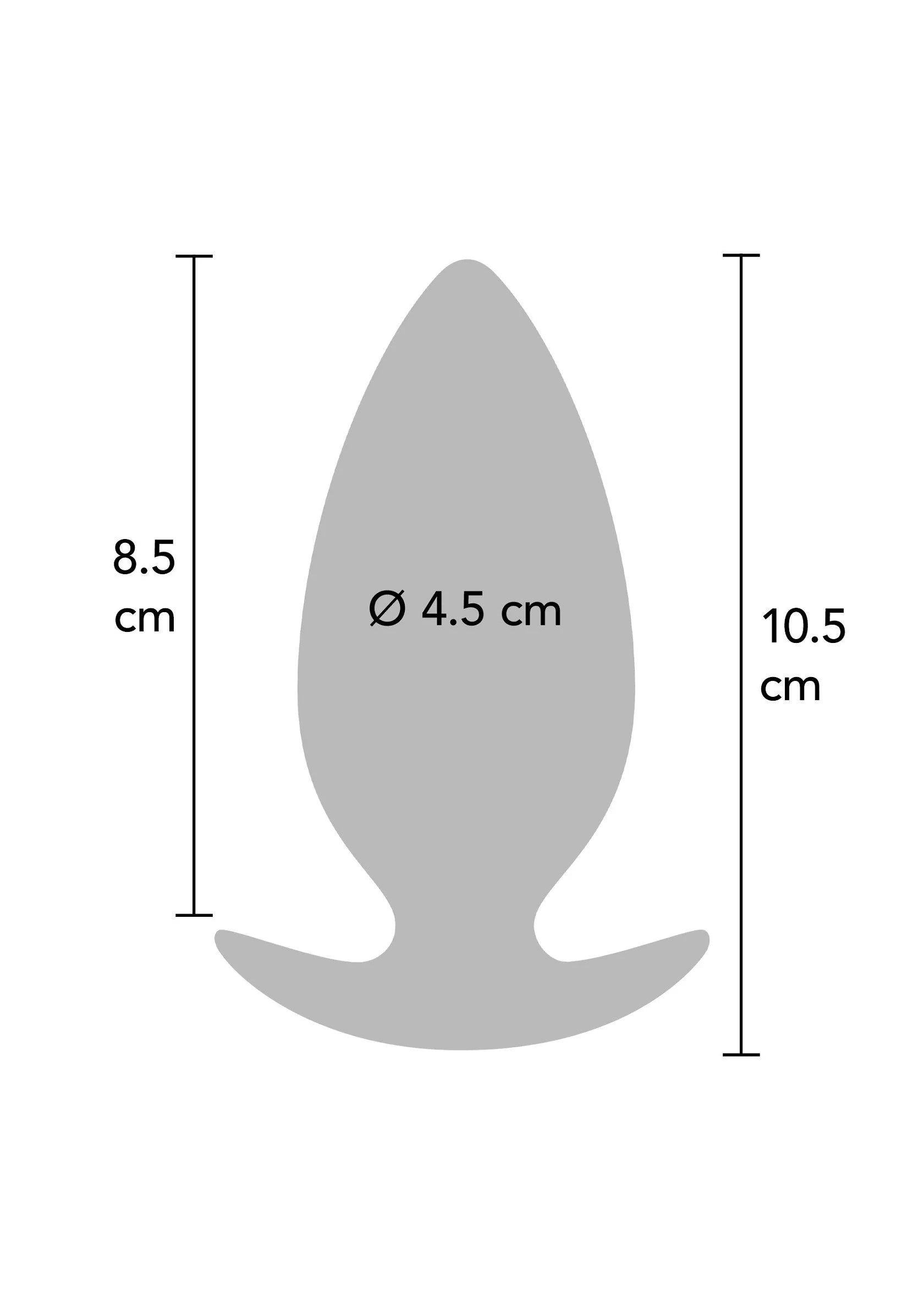 Anale buttplug (grijs model) met afmetingen 10,5×8,5 cm en Ø 4,5 cm.