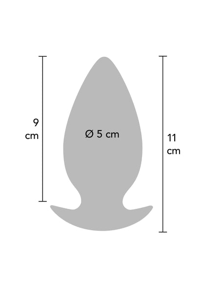 Anale plug maattekening: 11 cm lang, 9 cm breed, Ø5 cm