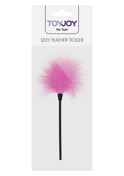 TOYJOY Sexy Feather Tickler verpakking met roze pluim en zwarte steel