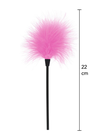 Roze veer-tickler van 22 cm met pluim op zwarte steel