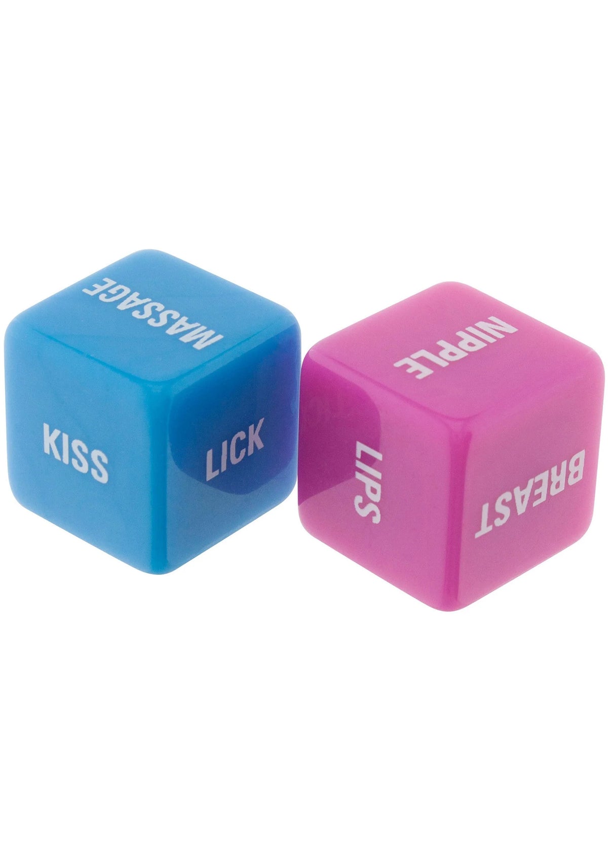 Seksdobbelstenen set: blauwe en roze dobbelstenen met zichtbare tekst KISS, LICK en NIPPLE.
