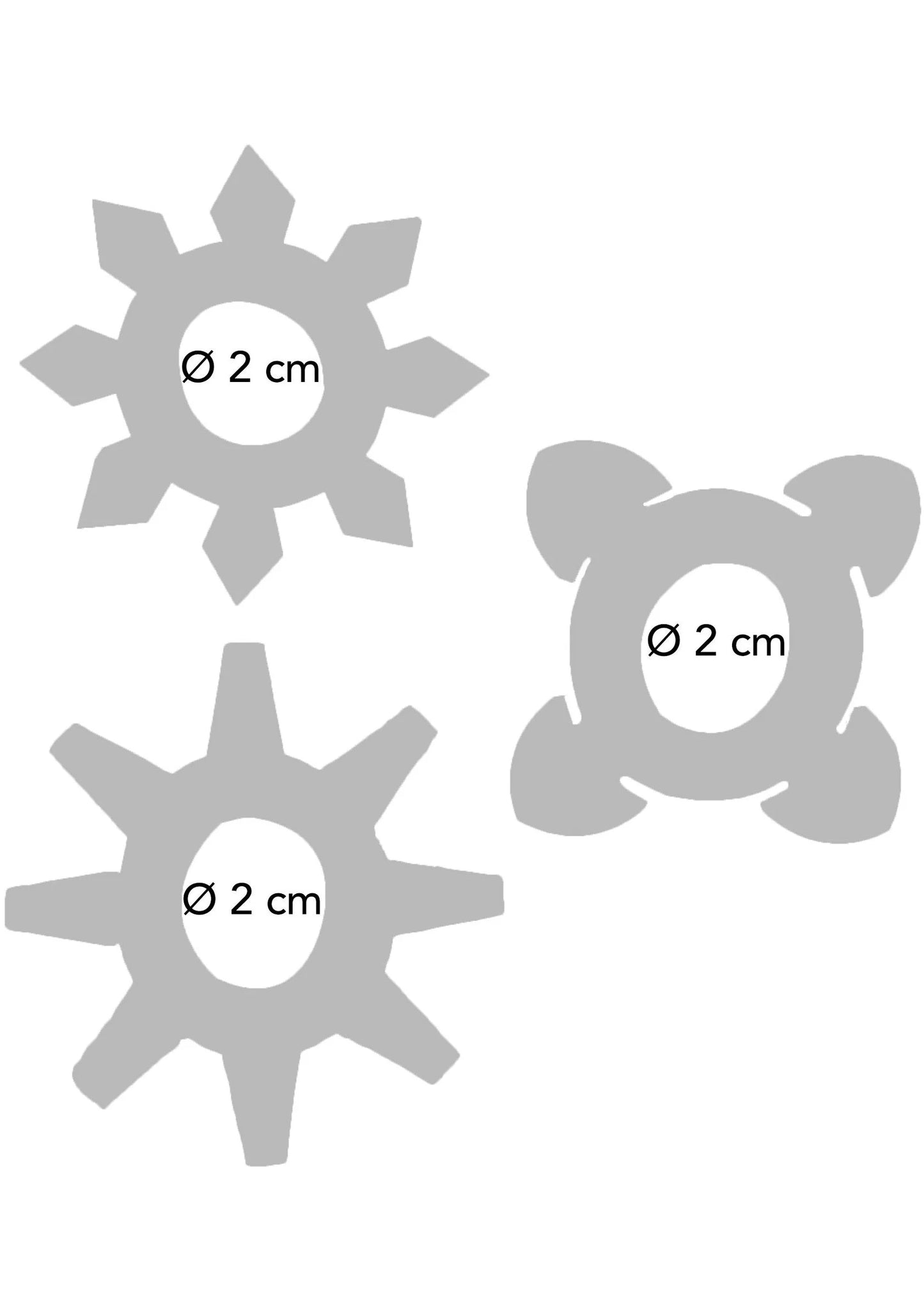 Lichtblauwe tickle C-ringen, ø 2 cm; twee stervormige en één beer-achtige ring