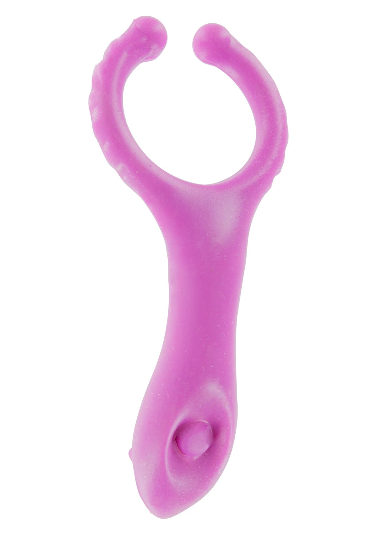 Roze/paars vibrerende C-ring stimulator met ronde knop en gebogen vorm