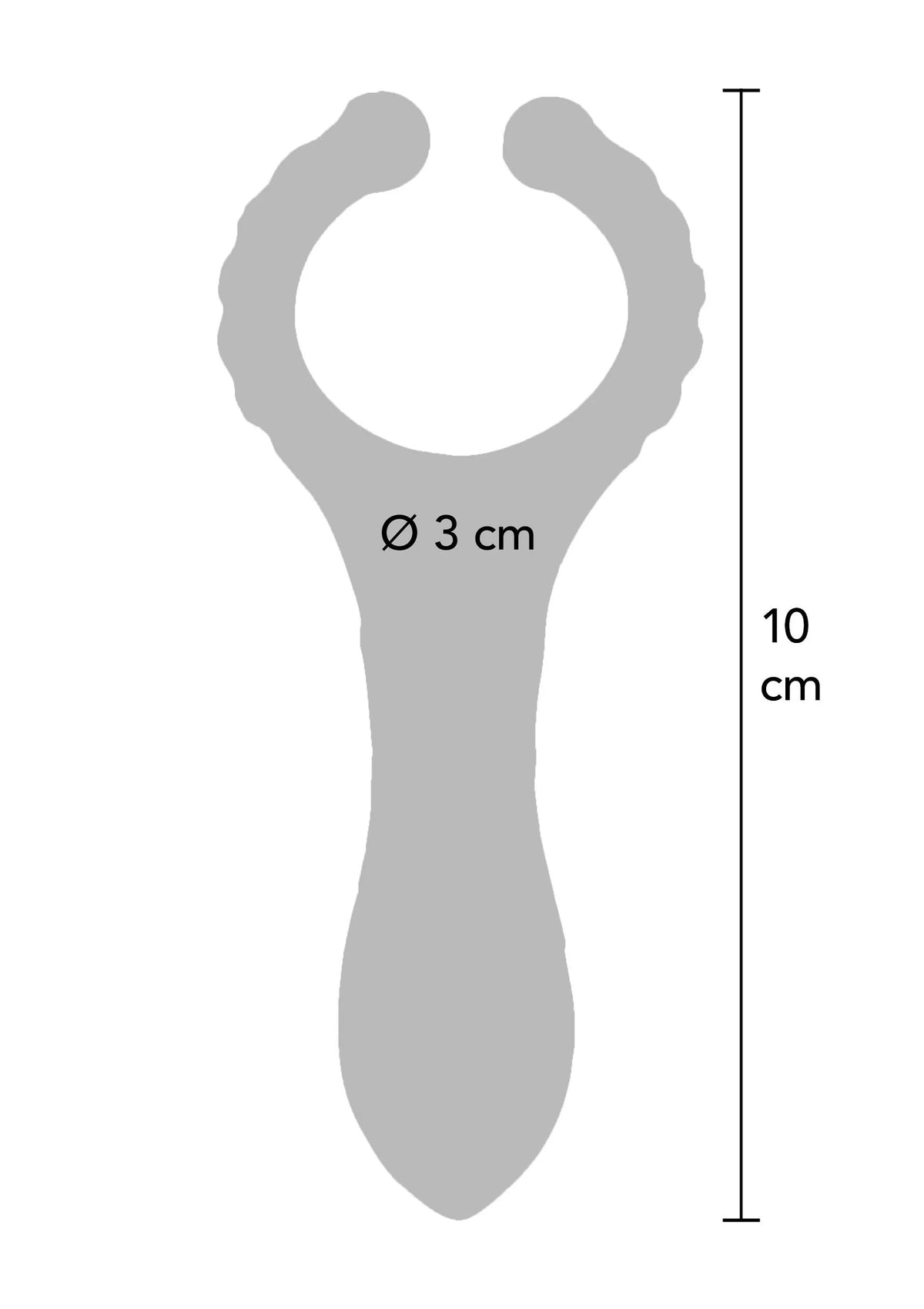 Afmetingenkaart van roze/paars C-ring stimulator: Ø 3 cm en 10 cm
