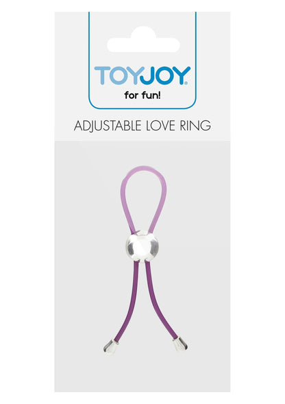 ToyJoy verstelbare liefde-ring op verpakking, paarse lus met zilveren hartvormige knop