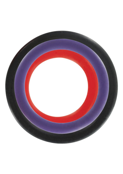 Geneste ringen: zwart, paars en rood, elk met ronde opening