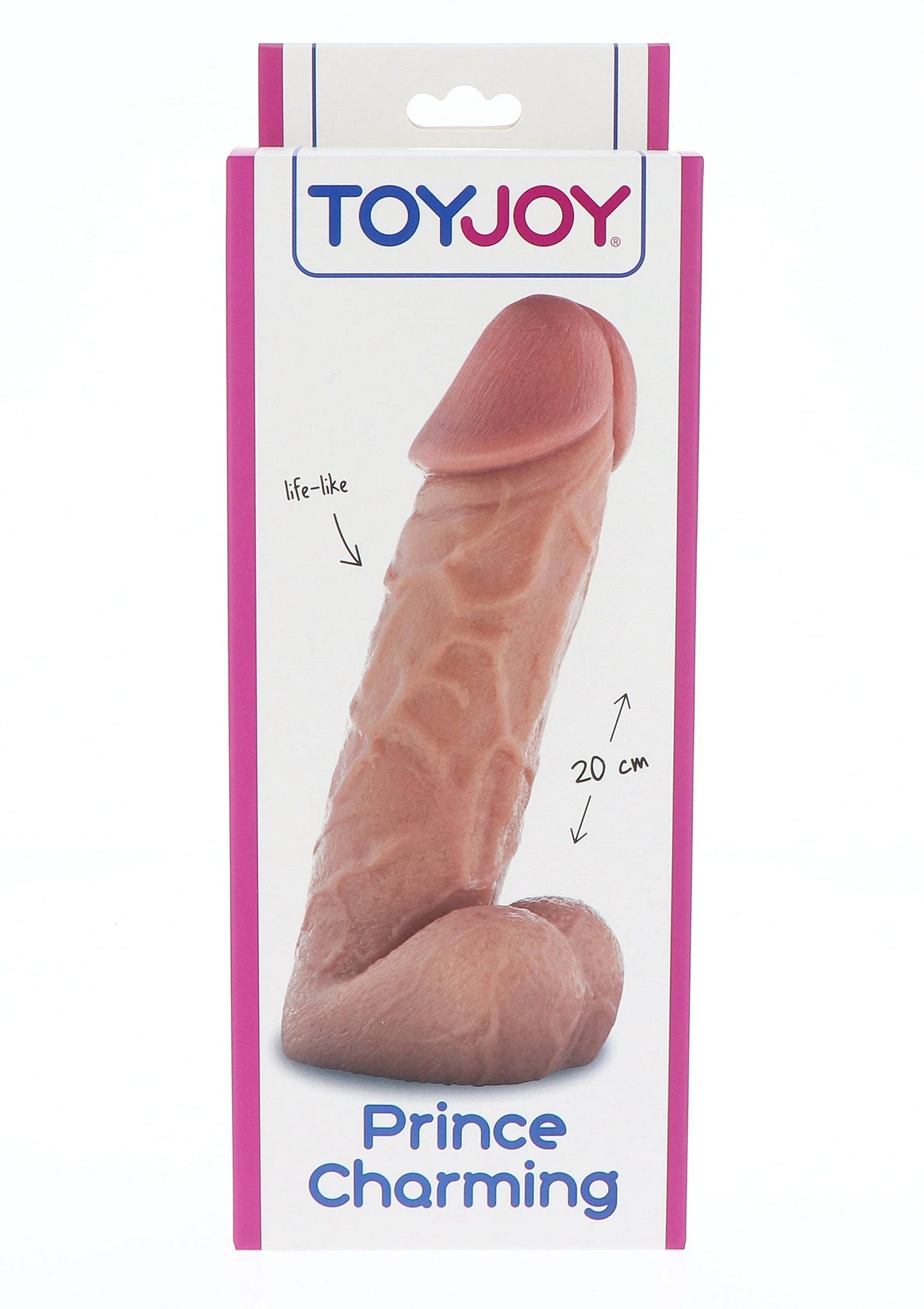 ToyJoy Prince Charming dong-verpakking met 20 cm markering en pijlen op doos
