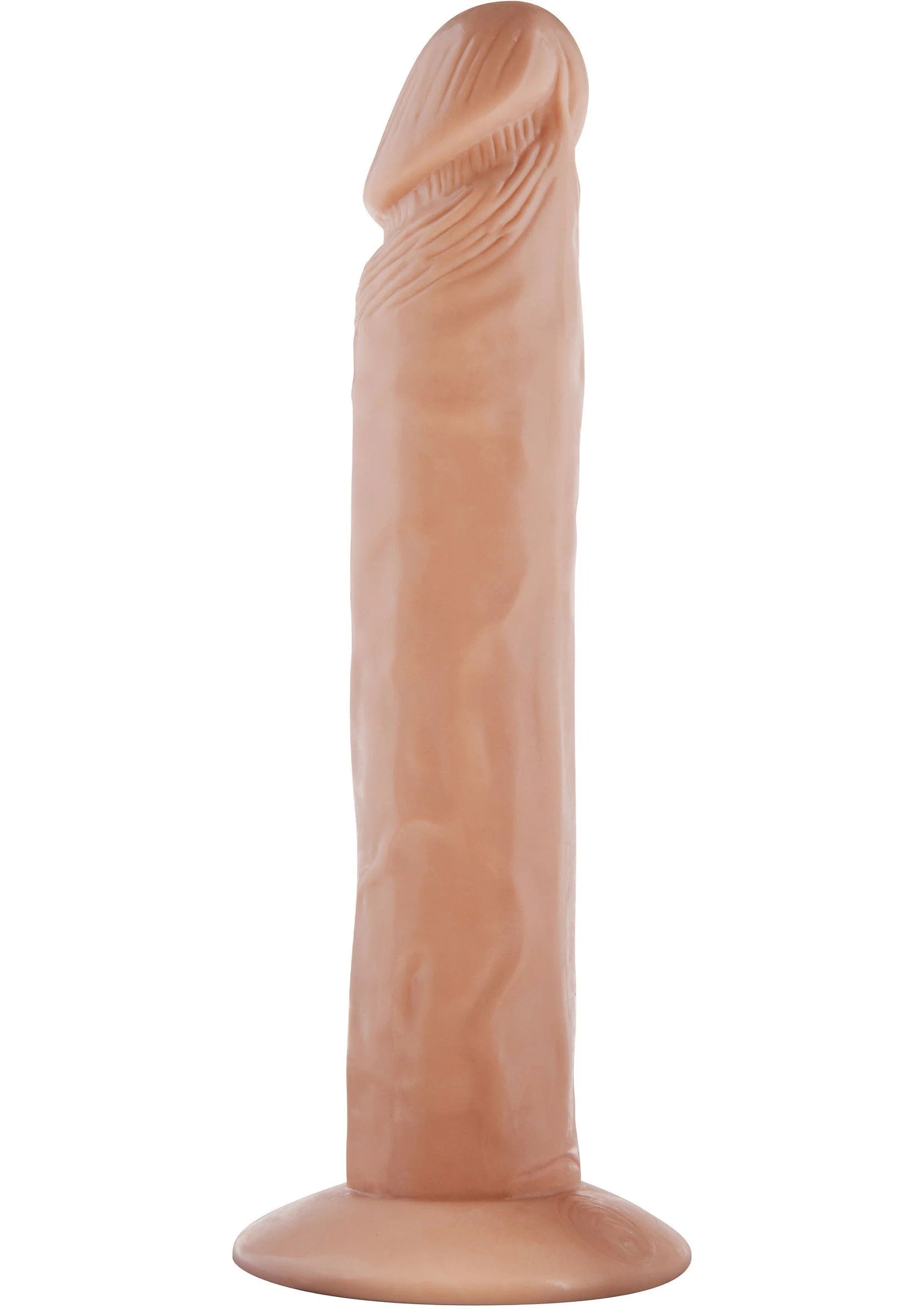 Beige dildovormig seksspeeltje met reliëf en platte voet, volledige lengte.
