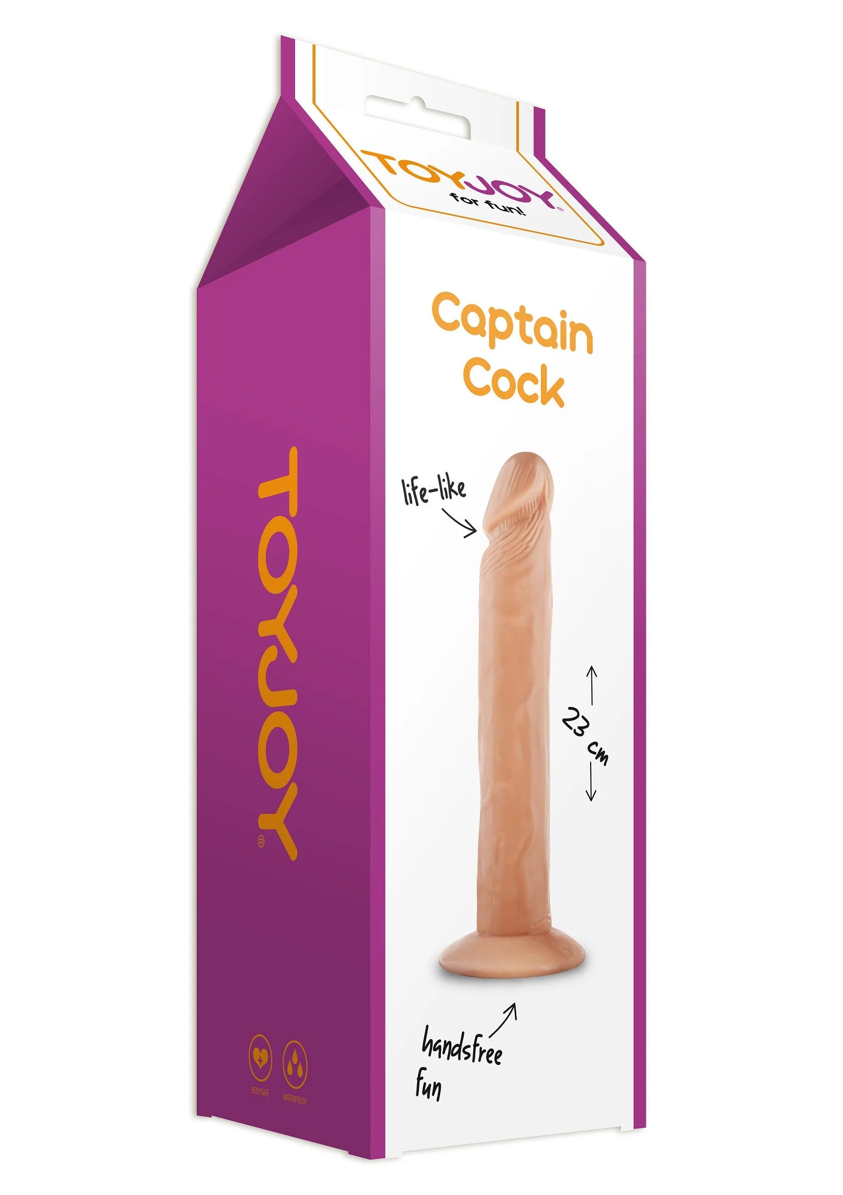Doos van Captain Cock seksspeeltje met 23 cm en voetbasis-afbeelding.