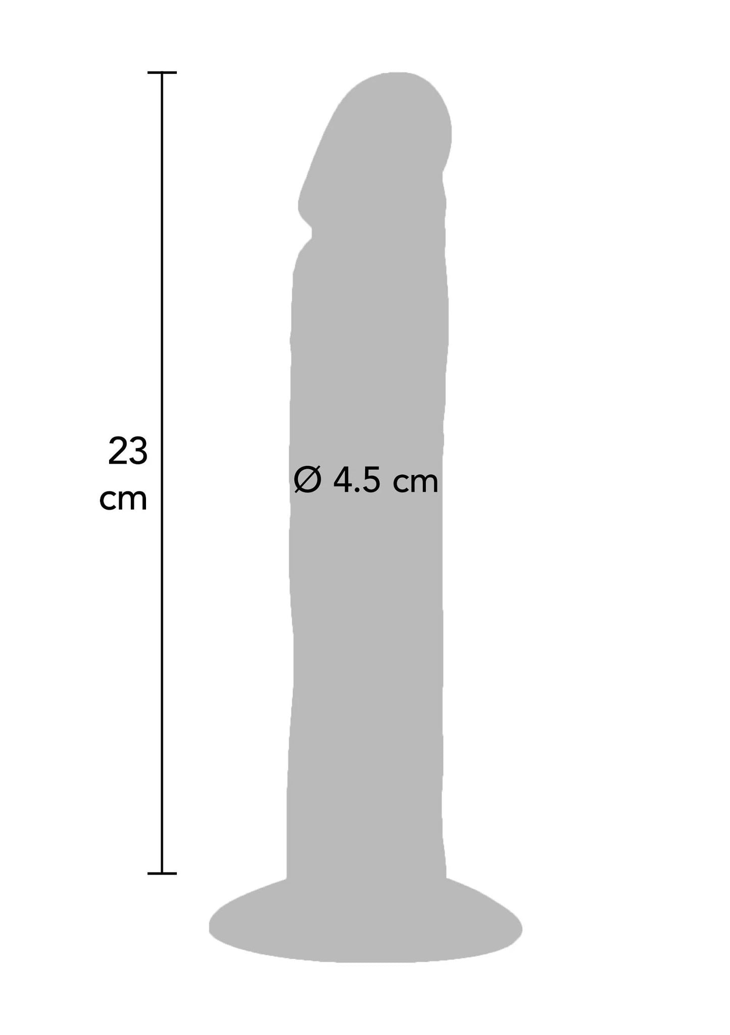 Silhouetschets van dildovormig seksspeeltje met maat 23 cm en Ø 4,5 cm.