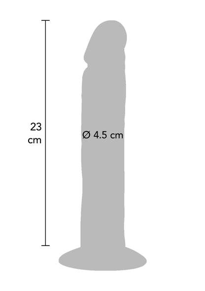 Silhouetschets van dildovormig seksspeeltje met maat 23 cm en Ø 4,5 cm.