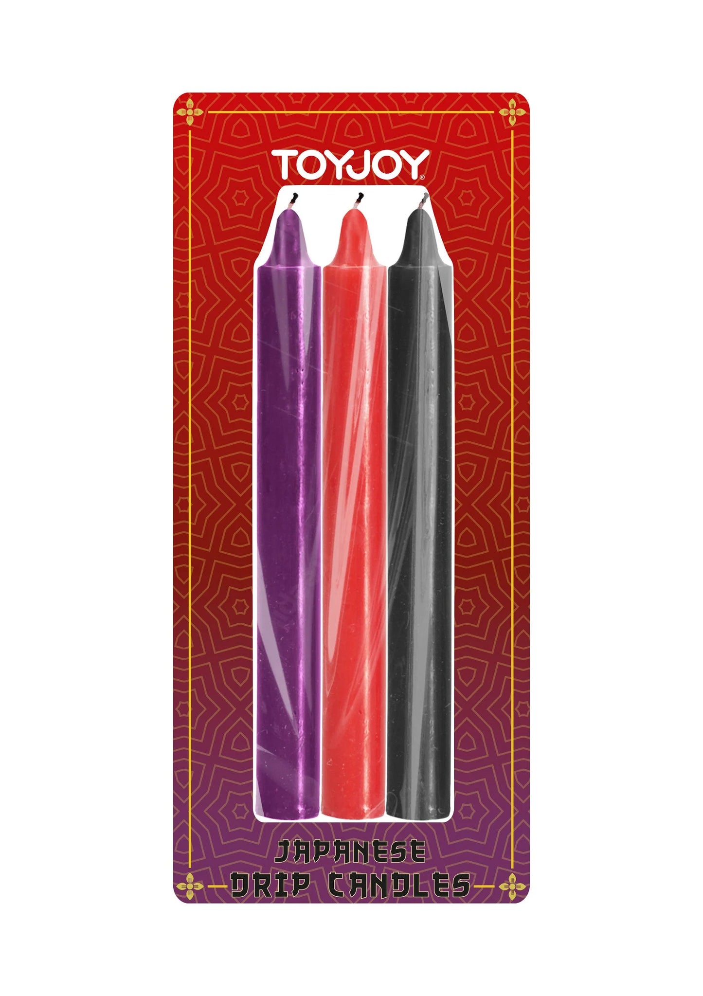Verpakking ToyJoy met drie Japanese drip candles: paars, rood en zwarte kaarsen.
