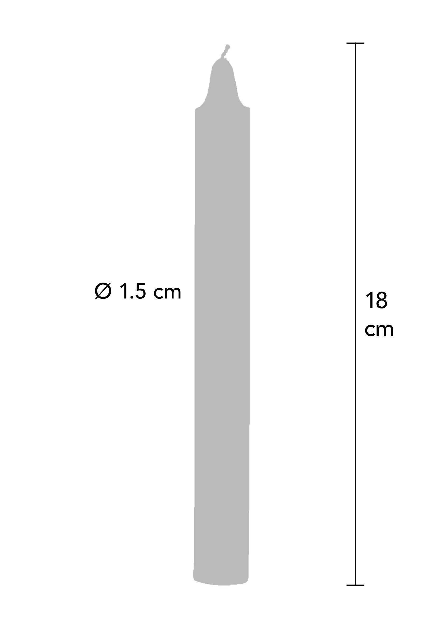 Kaars met afmeting Ø1,5 cm en hoogte 18 cm, druppelvorm met lont.