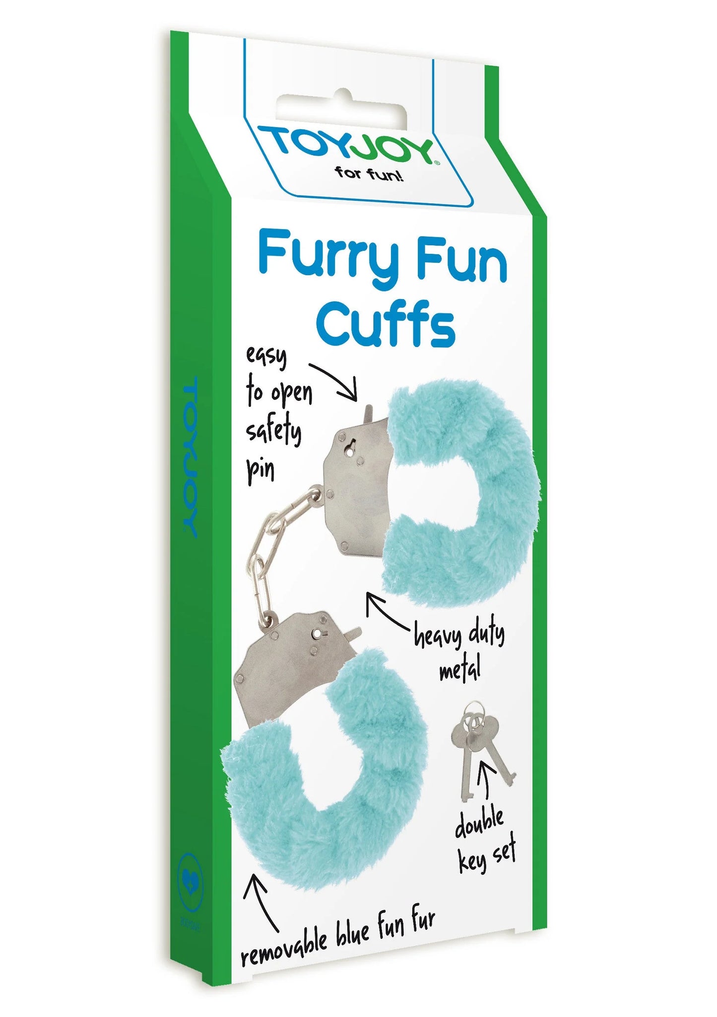 ToyJoy Furry Fun Cuffs verpakking met lichtblauwe bontboeien en metalen ketting.