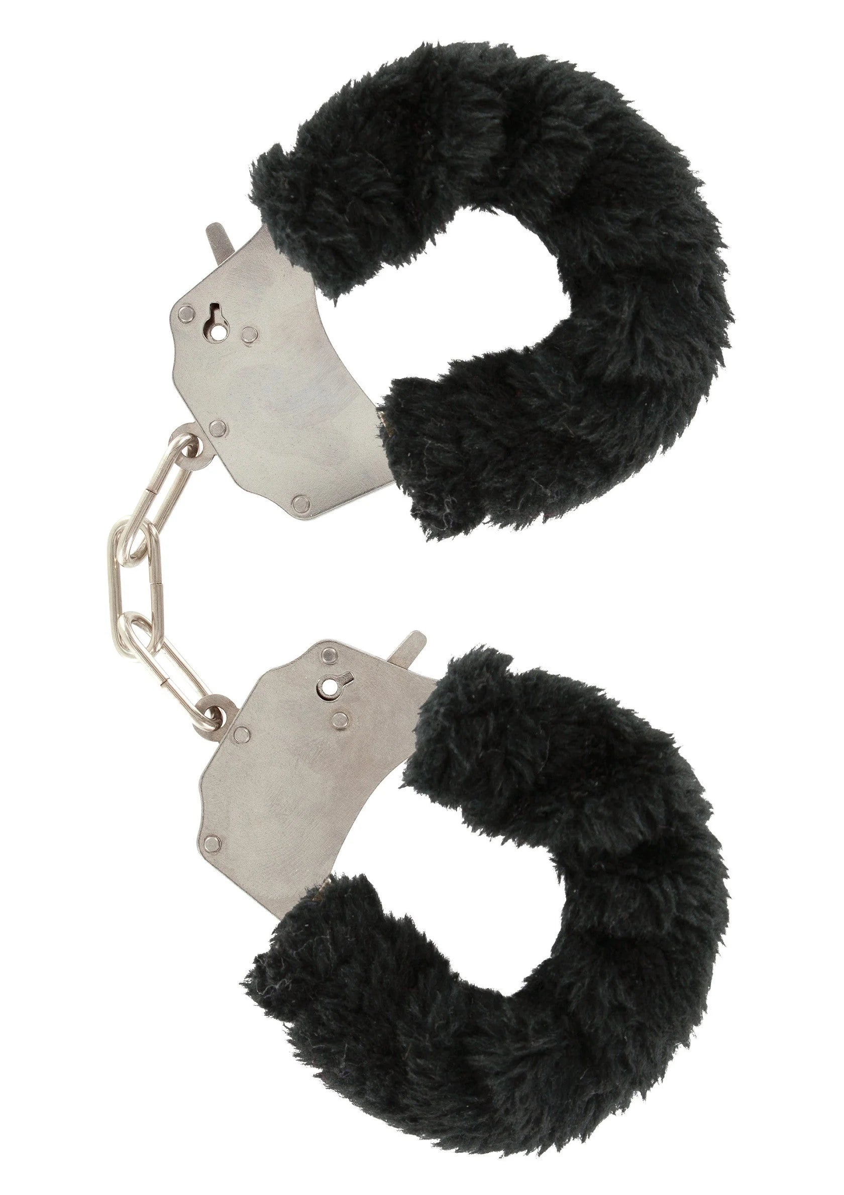 ToyJoy bont cuff set met zwarte pluizige vulling, metalen kettinkjes en sleutelsluiting