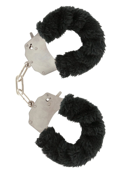 ToyJoy bont cuff set met zwarte pluizige vulling, metalen kettinkjes en sleutelsluiting