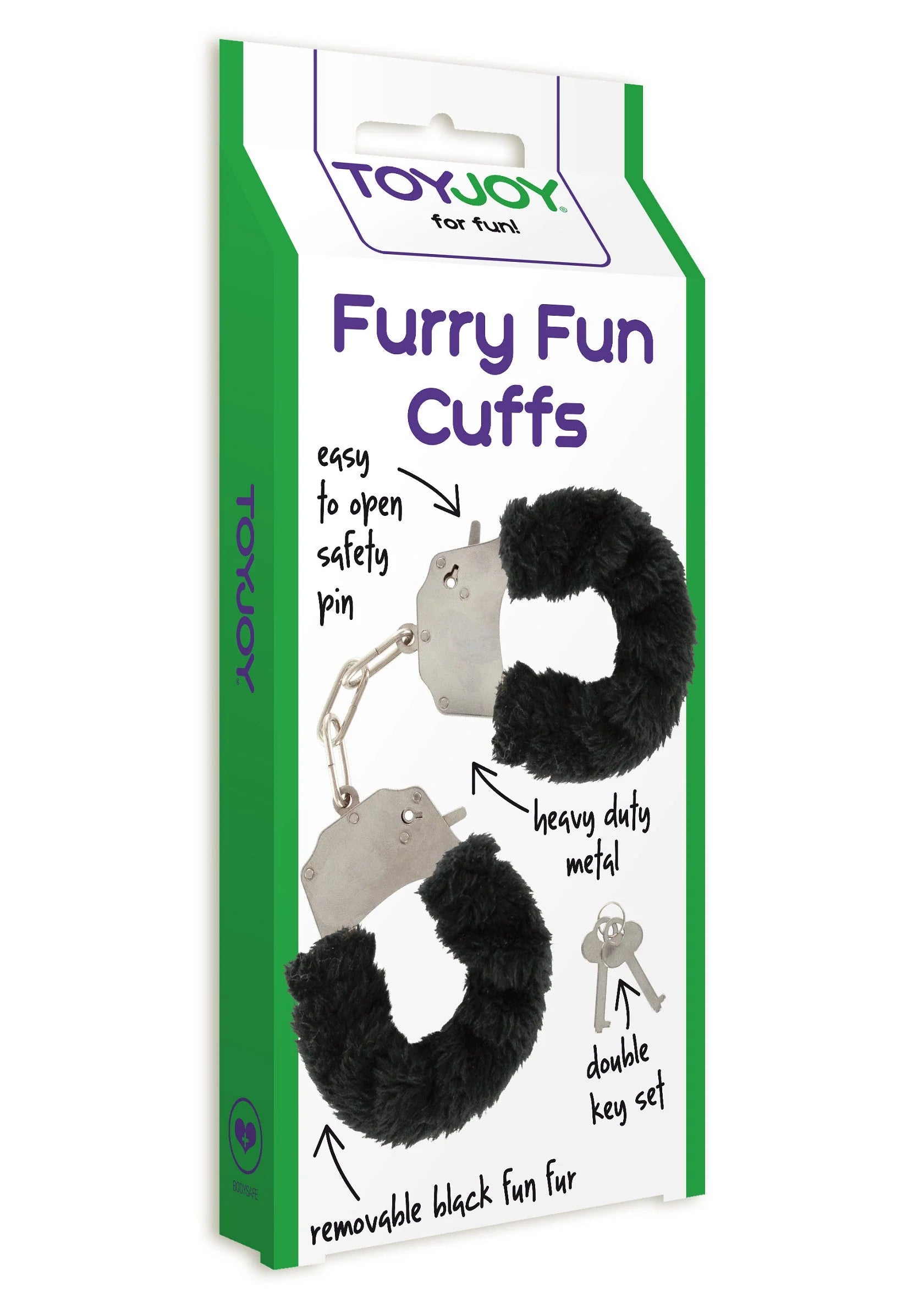 ToyJoy Furry Fun Cuffs verpakking met zwarte bontboeien en metalen ketting.