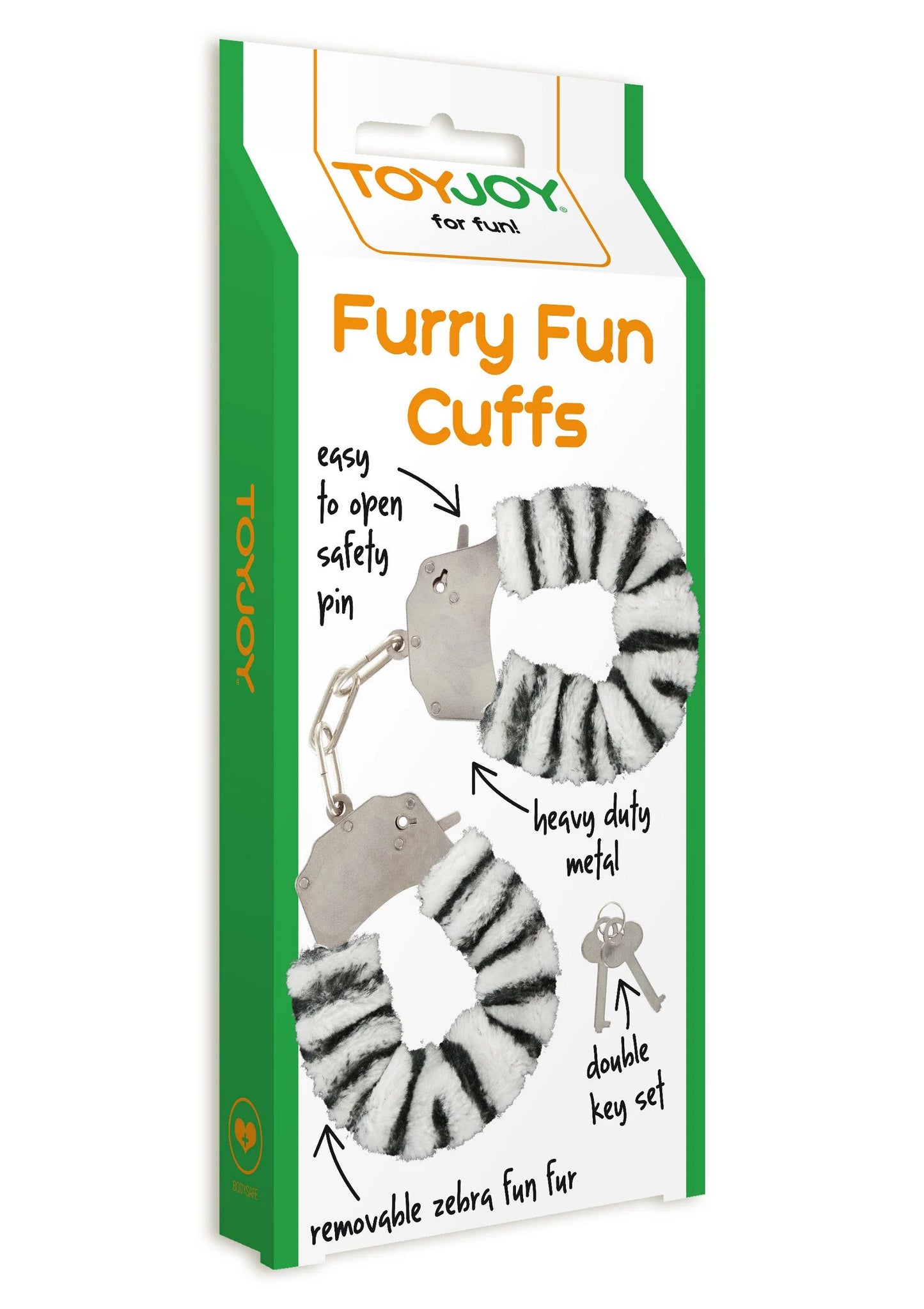 ToyJoy bont cuff set met zebra streepprint, metalen kettinkjes en sleutelsluiting