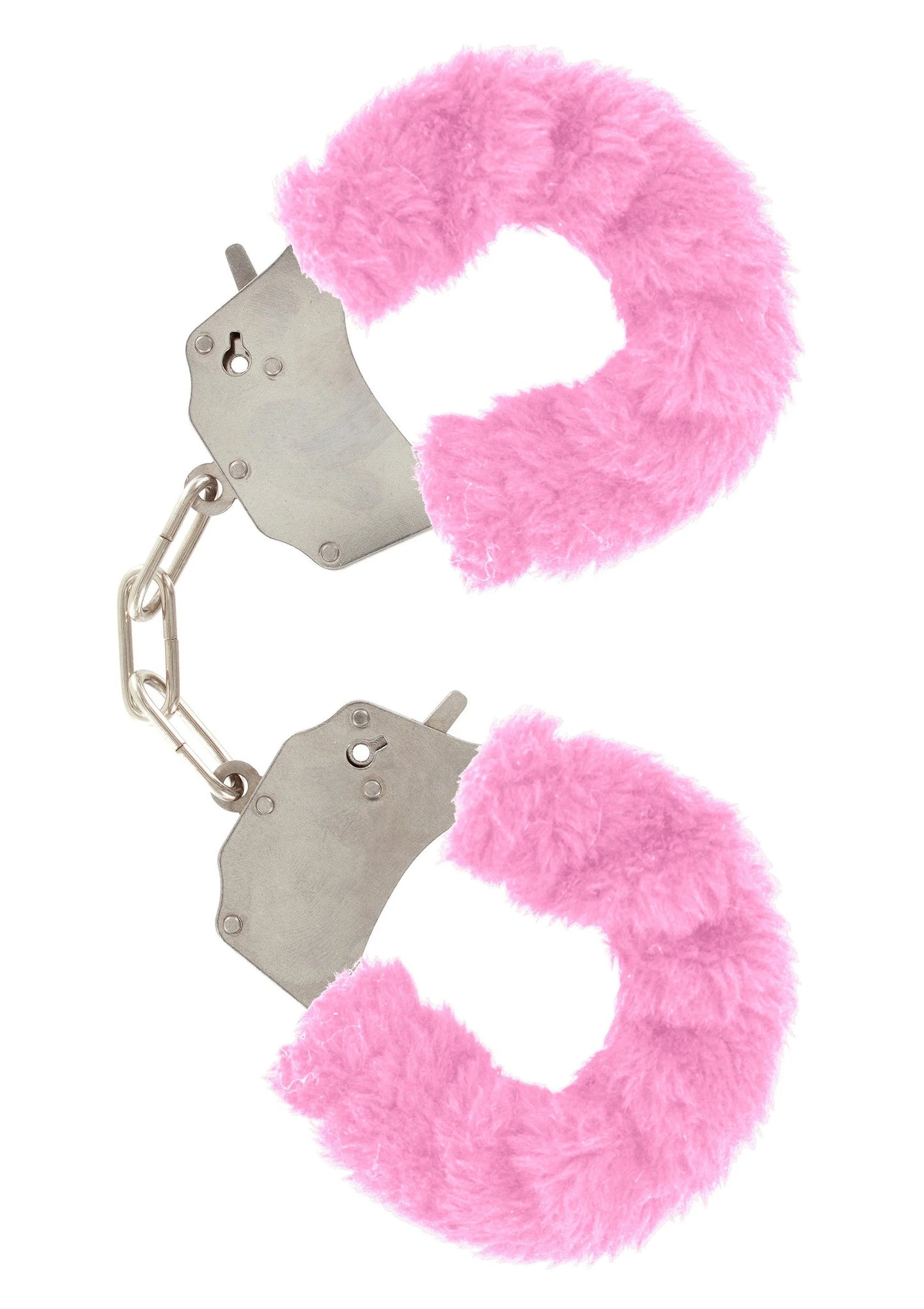 ToyJoy bont cuff set met lichtroze pluizige vulling, metalen kettinkjes en sleutelsluiting