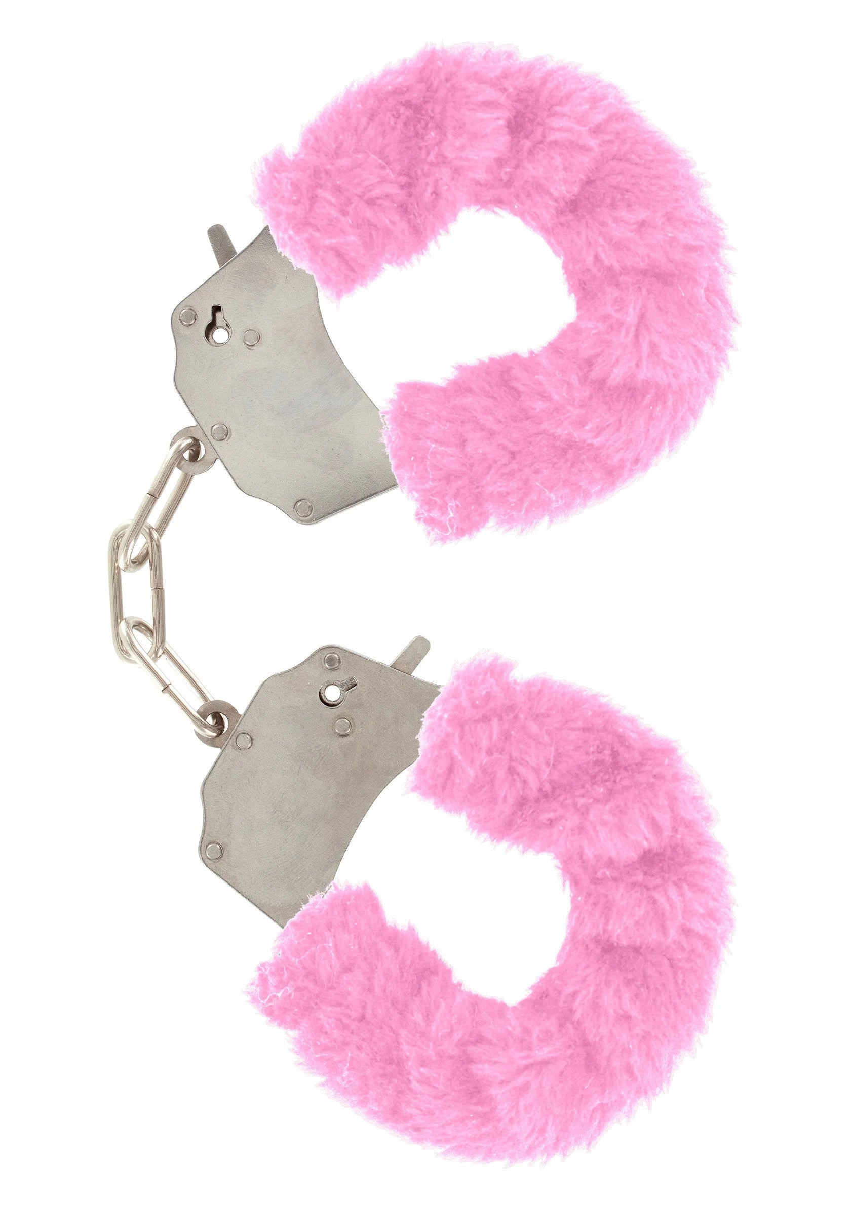 ToyJoy bont cuff set met lichtroze pluizige vulling, metalen kettinkjes en sleutelsluiting