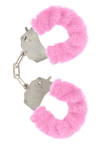 ToyJoy bont cuff set met lichtroze pluizige vulling, metalen kettinkjes en sleutelsluiting